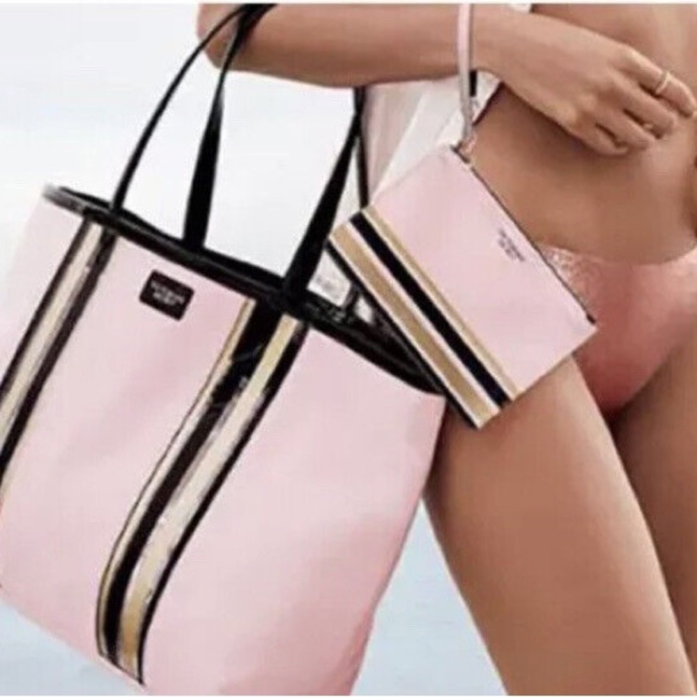 Victoria secret pink black gold clear tote bag